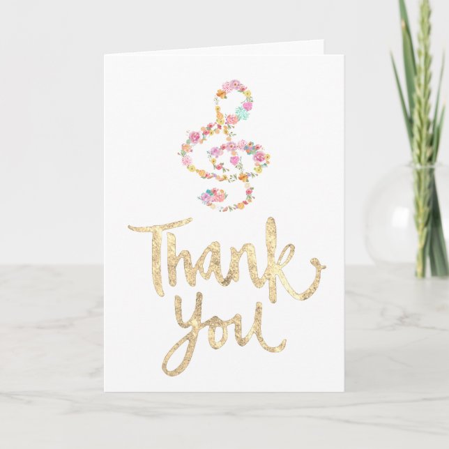 music clef faux gold foil thank you script card (Front)