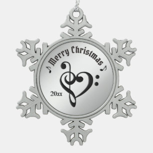 Music Clef Heart Personal Name and Date Snowflake Pewter Christmas Ornament