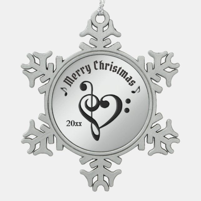 Music Clef Heart Personal Name and Date Snowflake Pewter Christmas Ornament (Front)
