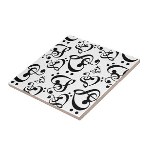 Music Clef Hearts Black And White Pattern Ceramic Tile