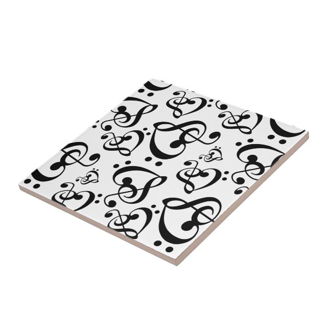 Music Clef Hearts Black And White Pattern Ceramic Tile (Side)