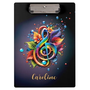 Music, colourful clef with leaves. clipboard