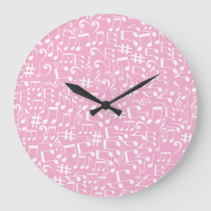 Music Dancing White Notes Soft Pink Large Clock