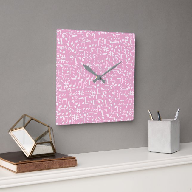 Music Dancing White Notes Soft Pink Square Wall Clock (Office)