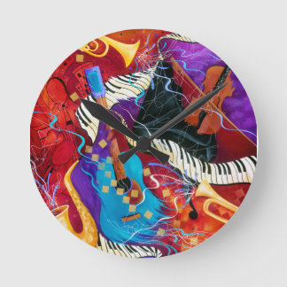Music Decor Clock Jazz Piano Sax Guitar Colourful