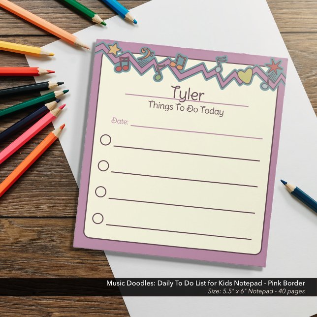 Music Doodles: Daily To Do List for Kids Notepad (Music Doodles: Daily To Do List for Kids Notepad - Pink Border)