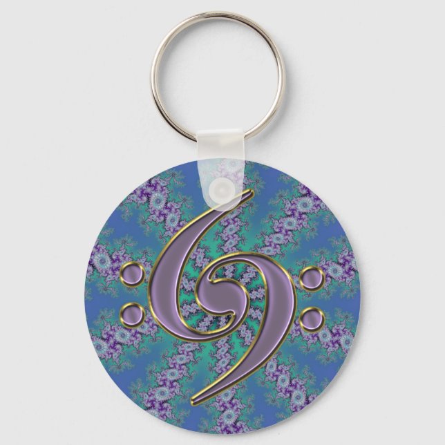 Music Double Bass Clef on Blue Fractal Keychain (Front)