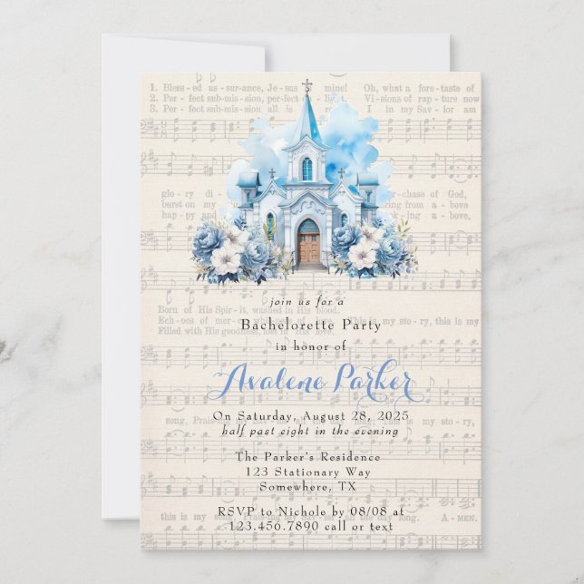 Music Dusty Blue Church Bachelorette Party Invitation (Front)