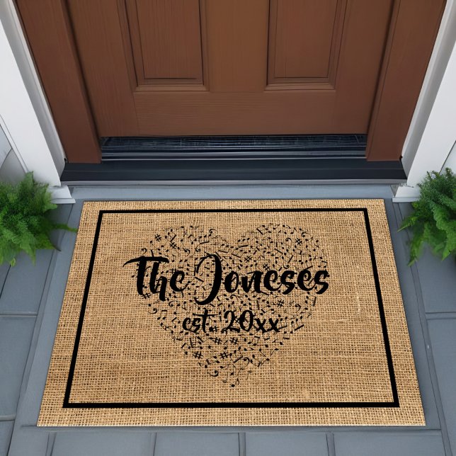 Music Family Name Established Year Heart Of Notes Doormat (Musical family custom welcome mat, music notes in heart and neutral burlap texture)