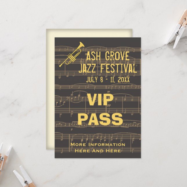 Music Festival Pass Golden Trumpet On Chocolate Invitation (Front/Back In Situ)