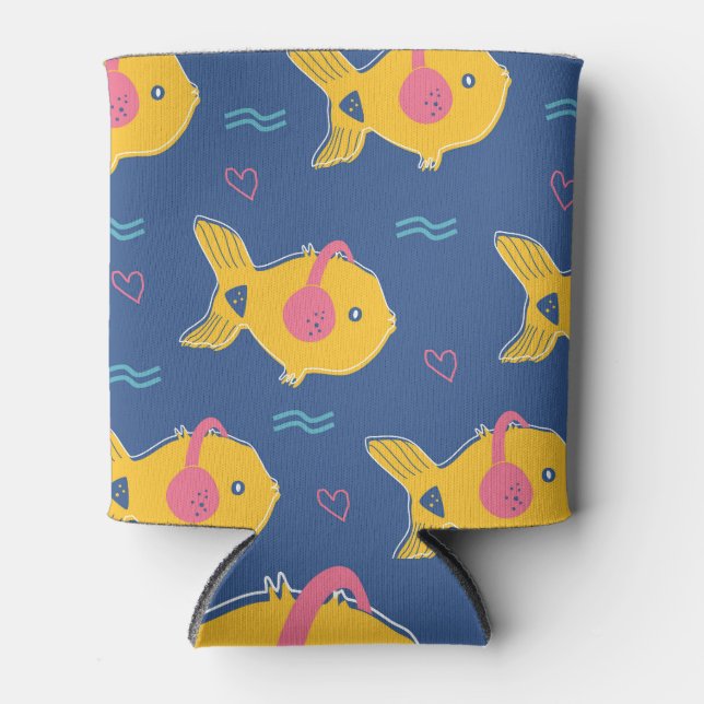 Music Fishes: Cartoon Vintage Pattern. Can Cooler (Front)