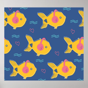 Music Fishes: Cartoon Vintage Pattern. Poster