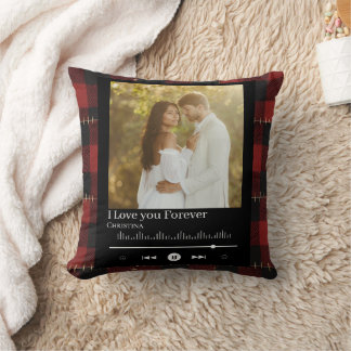 Music Frame Couple Photo Red Plaid  Name & Title  Cushion