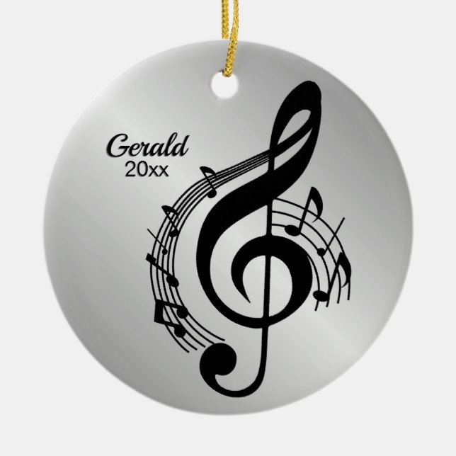 Music G Clef Personalised Name / Year Ceramic Ornament (Front)