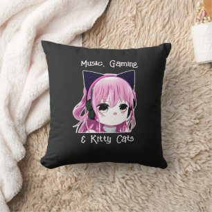 Music, Gaming and Kitty Cats   Anime Girl Cushion
