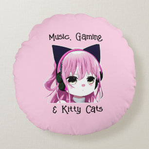 Music, Gaming and Kitty Cats   Anime Girl Round Cushion