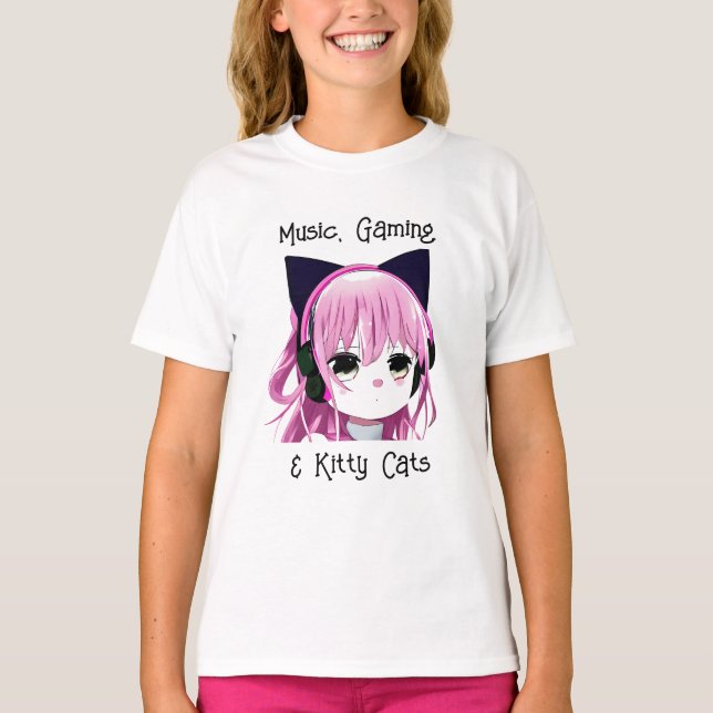 Music, Gaming and Kitty Cats | Anime Girl T-Shirt (Front)