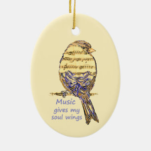 Music Gives my Soul Wings Quote & Bird Art Ceramic Ornament