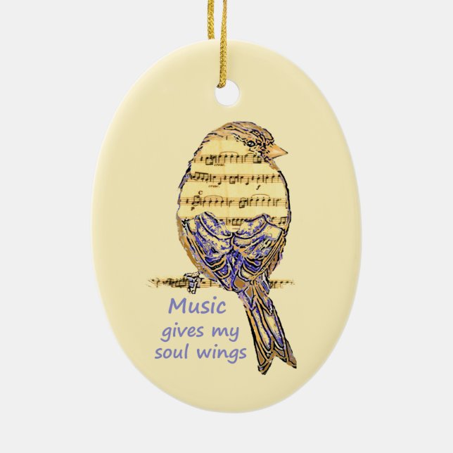 Music Gives my Soul Wings Quote & Bird Art Ceramic Ornament (Back)