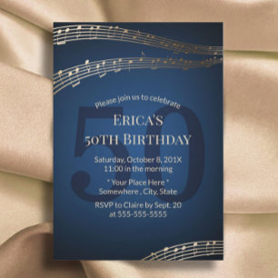 Music Gold & Navy Blue 50th Birthday Party Invitation