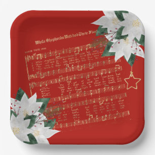 Music Gold White Poinsettia Hymn Christmas Paper Plate