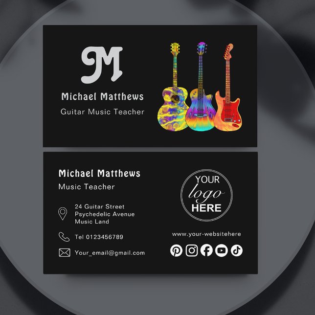 Music Guitar Teacher Social Media Logo Custom Business Card (Retro Guitar music teacher custom social media logo business card)