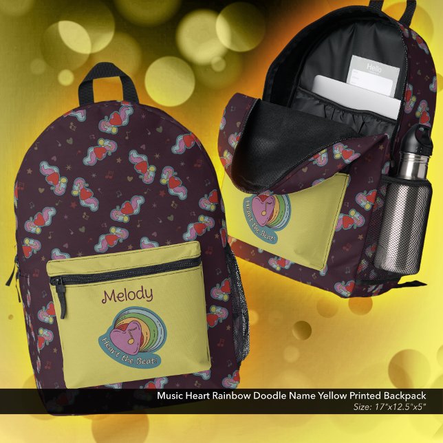 Music Heart Rainbow Doodle Name Yellow Printed Backpack (Heart the Beat Rainbow Doodle  Design Backpack: Personalized with Owner's Name - Yellow Accent Color)