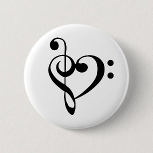 Music Heart Treble Bass Clef Heart - Black 6 Cm Round Badge