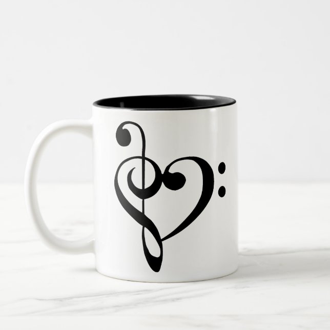 Music Heart Treble Bass Clef Heart - Black Two-Tone Coffee Mug (Left)