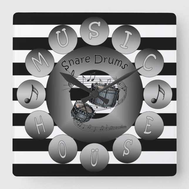 Music House Clock~Snare Drums~Spiral Scale~Stripes Square Wall Clock (Front)