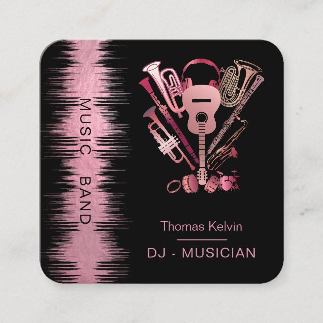  Music Instruments Event Organiser DJs Rose gold Square Business Card (Front)