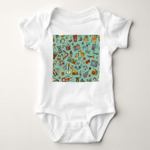 Music instruments, vintage sketch pattern. baby bodysuit