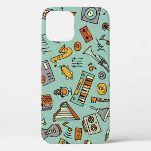 Music instruments, vintage sketch pattern. iPhone 12 case