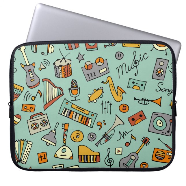 Music instruments, vintage sketch pattern. laptop sleeve (Front)