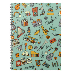 Music instruments, vintage sketch pattern. notebook
