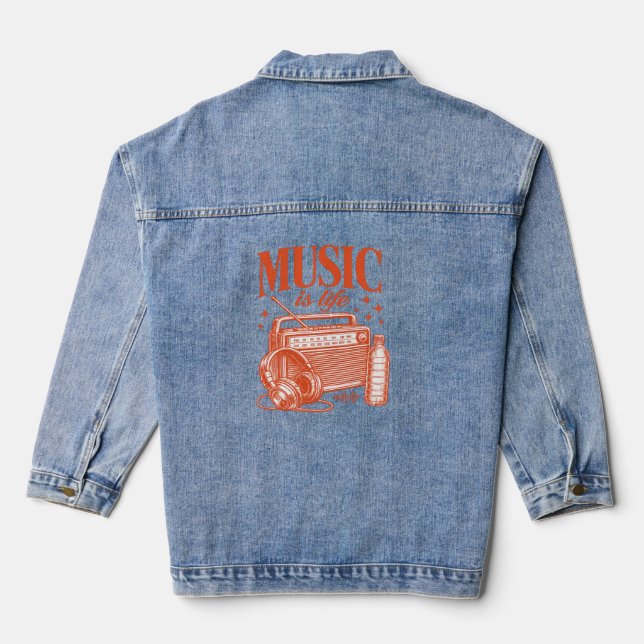 Music Is Life Vintage Design Denim Jacket (Back)