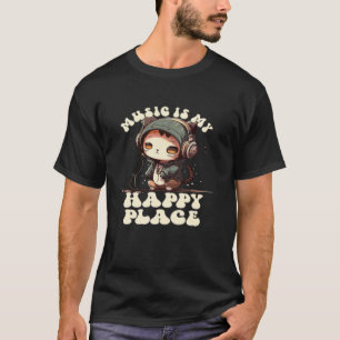 Music Is My Happy Place, Cute Headphone Cat Music T-Shirt