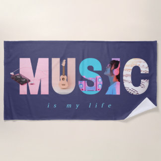 Music Is My Life Retro Y2K Tech Gamer Purple Beach Towel