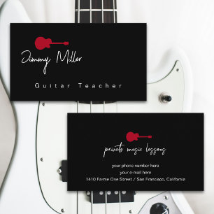 Music Lessons Red Guitar Black Business Card
