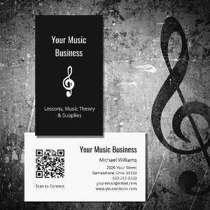 Music Lessons Simple Treble Clef QR code Black  Business Card