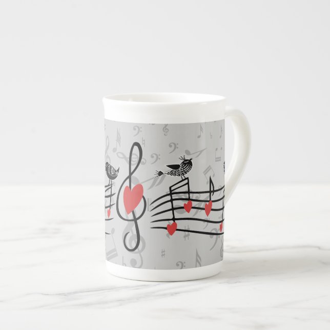 Music Love Birds on Grey Musical Notes Bone China Mug (Front Right)