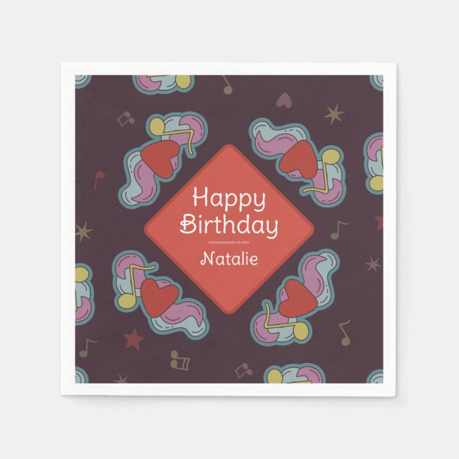 Music Lover Doodles Theme Birthday Party Red Napkin (Front)