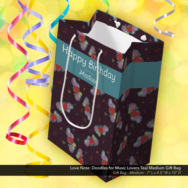 Music Lover Doodles Theme Birthday Party Teal Medium Gift Bag (Love Note: Doodles for Music Lovers Medium Gift Bag with Teal Accent Color and Customizable Name )