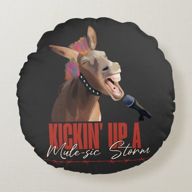 Music Lover Punny Rockstar Donkey  Round Cushion (Front)