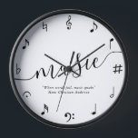 Music Lovers Personalised Clock<br><div class="desc">Hans Christian Andersen quote: Where words fail,  music speaks.
Personalise this design with your own quote,  special song lyrics,  a name,  or a date for a one-of-a-kind design for music lovers.</div>
