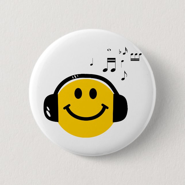 Music Loving Happy Face with Headphones 6 Cm Round Badge (Front)