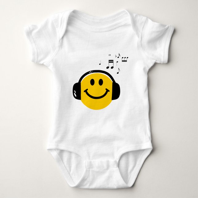 Music Loving Happy Face with Headphones Baby Bodysuit (Front)