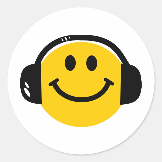 Music Loving Happy Face with Headphones Classic Round Sticker (Front)