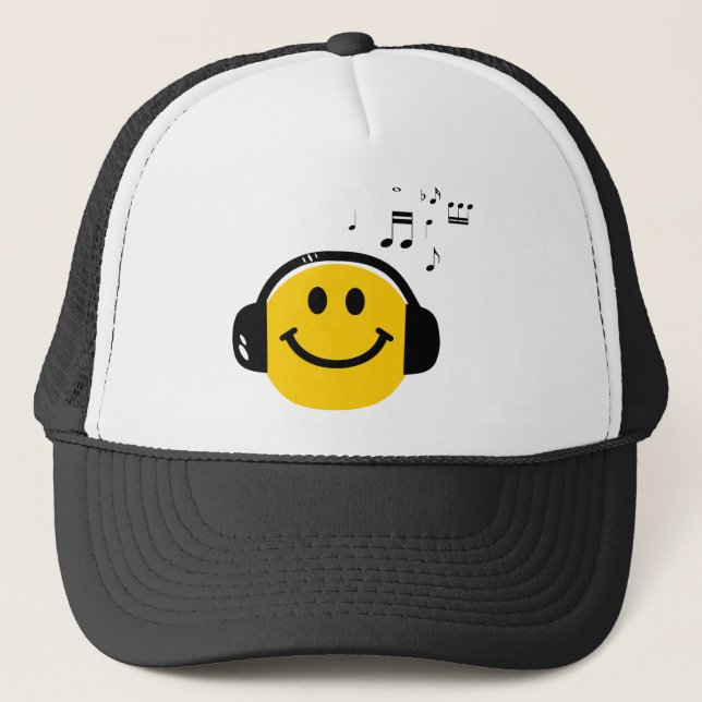Music Loving Happy Face with Headphones Trucker Hat (Front)