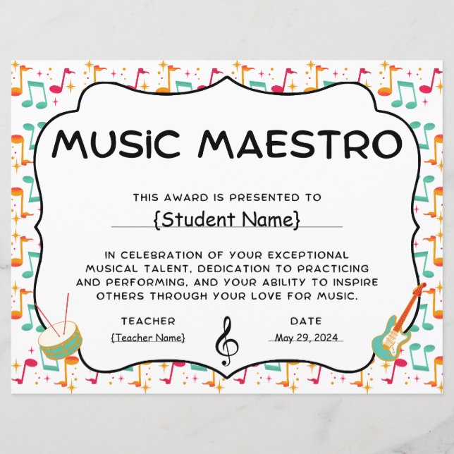 Music Maestro Student Recognition Award (Front)